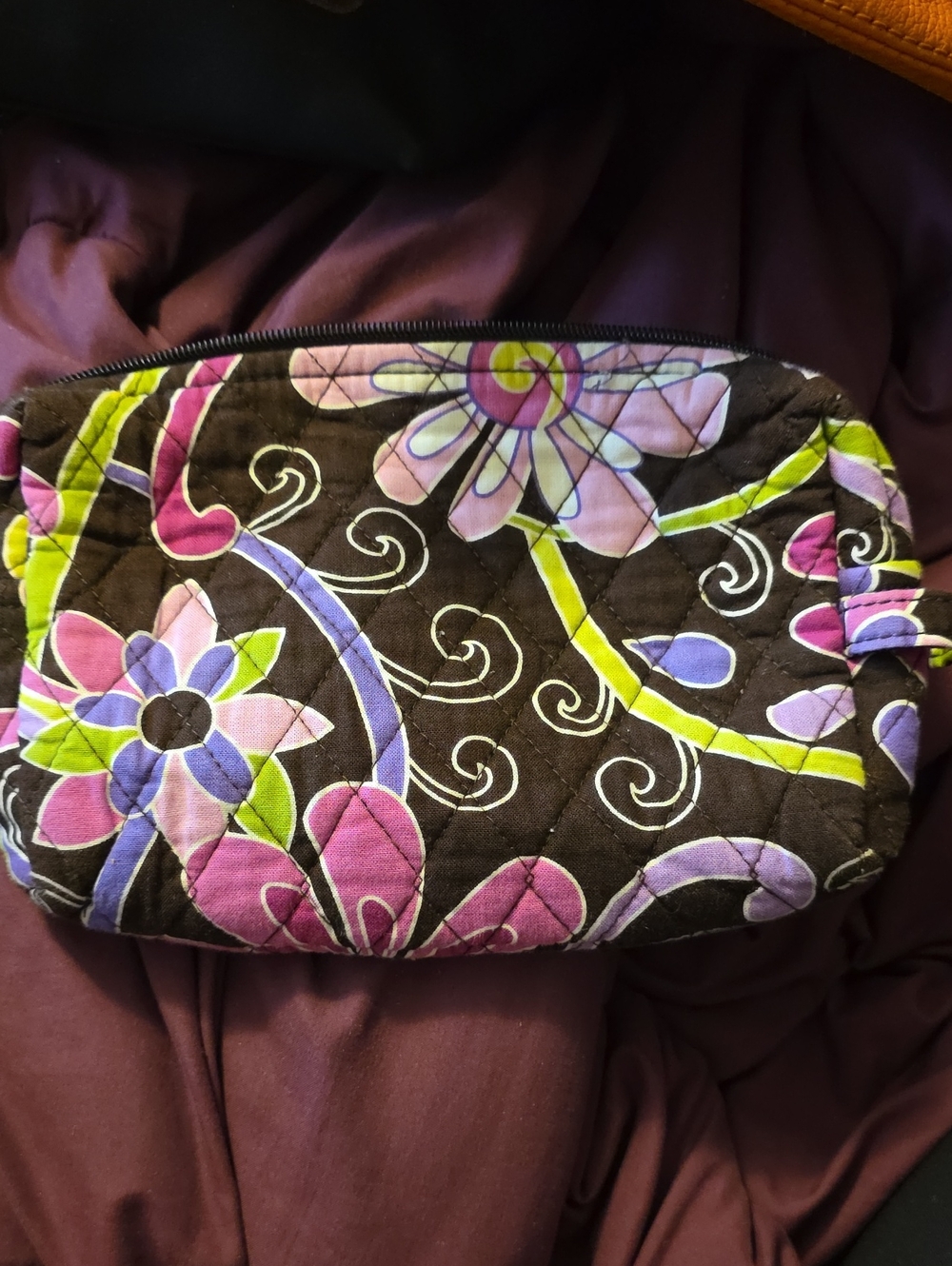VINTAGE VERA BRADLEY QUILTED FLORAL COSMETIC POUCH IN BLACK AND PURPLE